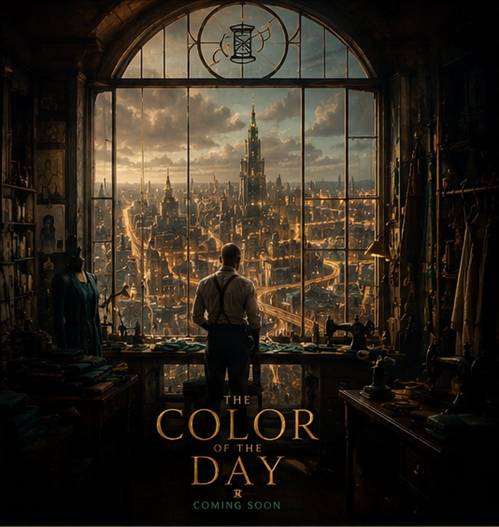 The Color of the Day environment poster — the atelier window over the lower city