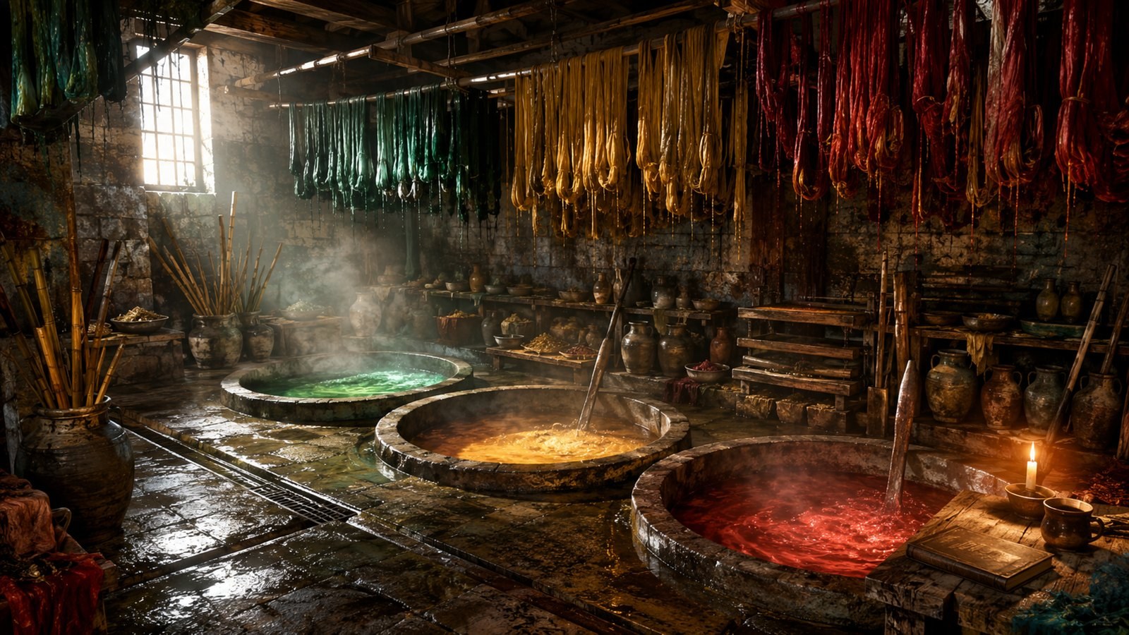 DH1 — the Dye-House interior, three vats of emerald, gold and crimson under drying skeins