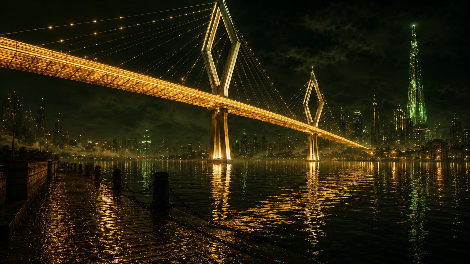 ENV 12 — the Gold Bridge at night, gold road deck and glowing underside over the Seam