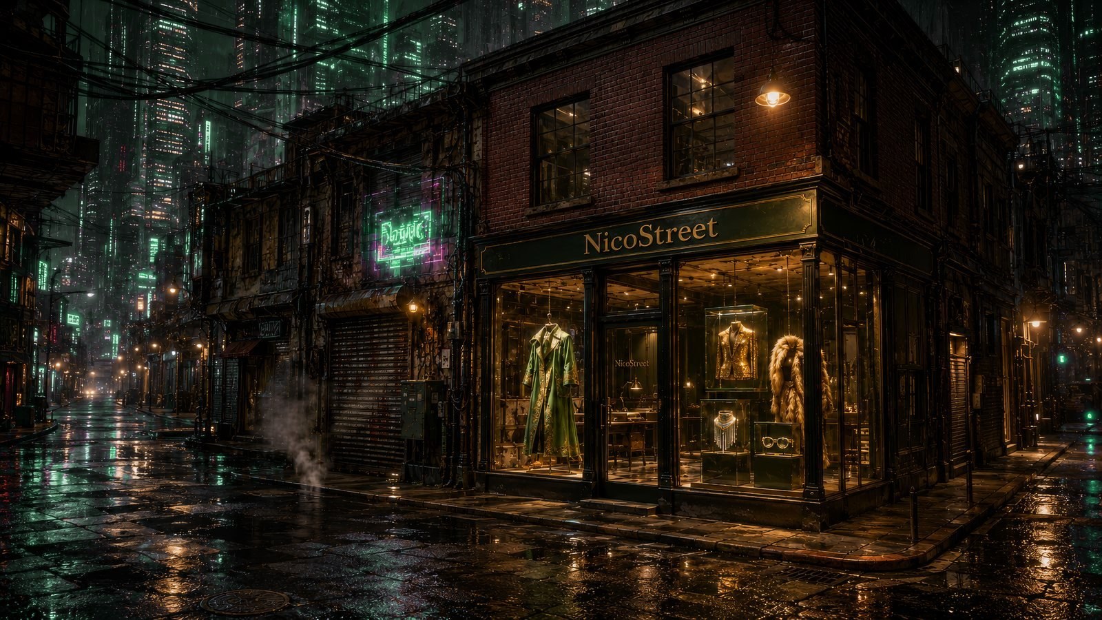 NicoStreet storefront at night — the Tailor's atelier, wet street, emerald city beyond