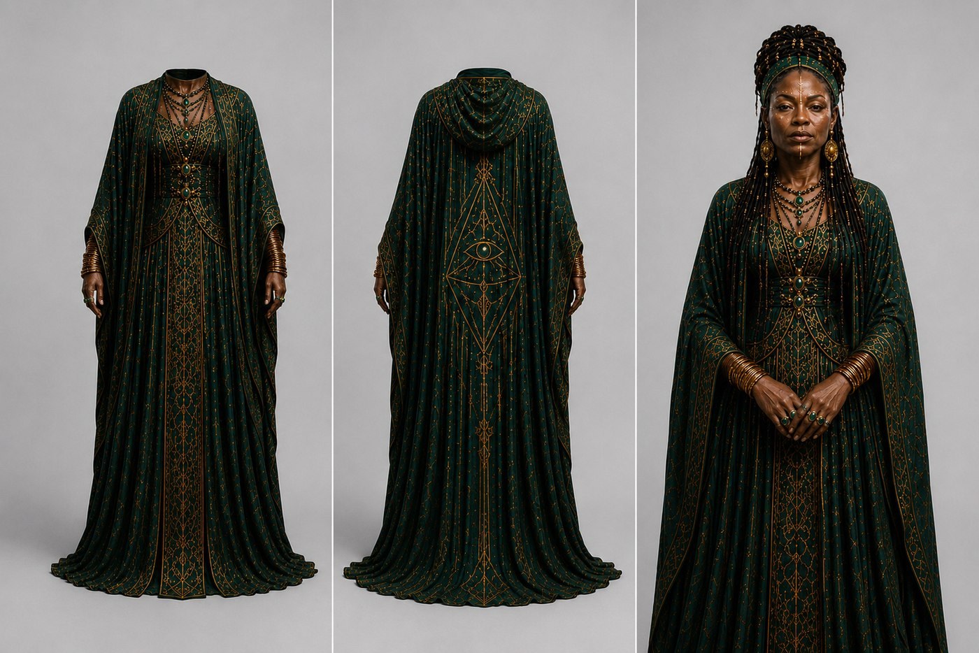 The Oracle costume sheet — ceremonial robe front, eye-motif cape back, and portrait