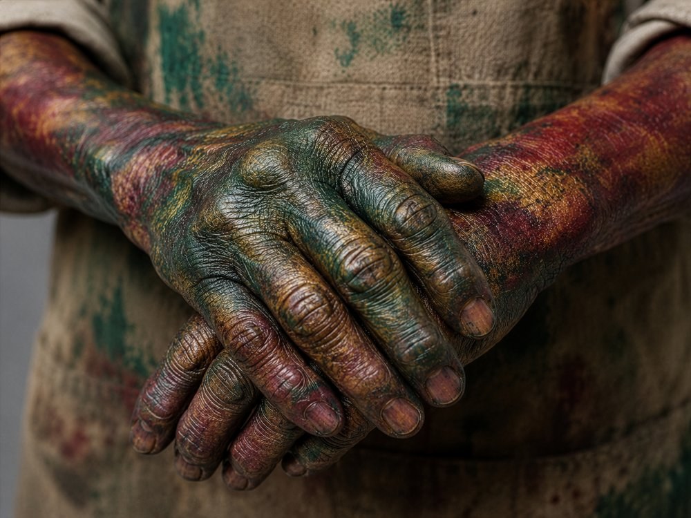 A46 — the Dyer's hands, stained to the wrists in emerald, gold and crimson