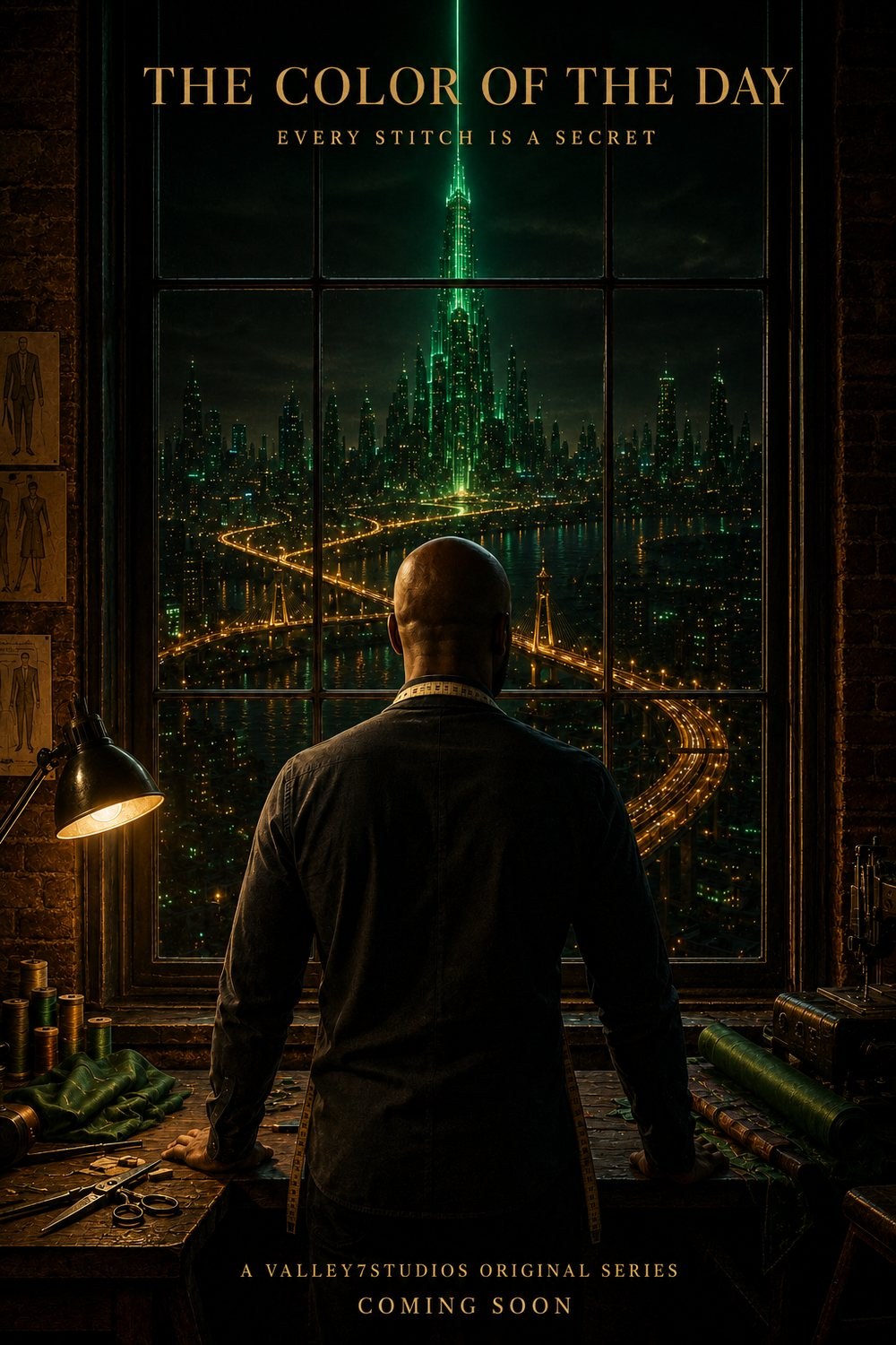 The Color of the Day teaser poster — the Tailor at his window facing the emerald tower